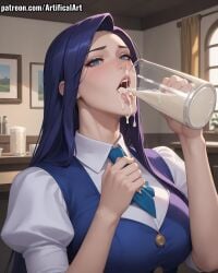 1girls ai_generated arcane artifical_art blue_eyes blue_hair blush caitlyn_(league_of_legends) caitlyn_kiramman cum_drinking dripping_cum dripping_semen female gokkun league_of_legends light-skinned_female long_hair netflix open_mouth perfect_body riot_games semen_in_mouth semen_on_tongue solo tongue_out