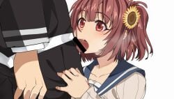 1boy 1girls aoi_hinata_(oresuki) blowjob brown_eyes brown_hair cardigan clothed fellatio fellatio_gesture flower flower_in_hair himawari_(oresuki) joro_(oresuki) kisaragi_amatsuyu ore_wo_suki_nano_wa_omae_dake_ka_yo school_uniform seifuku sunflower sunflower_hair_ornament variant variant_set