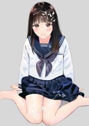 barefoot black_hair blue_sailor_collar blue_skirt blunt_bangs blush brown_eyes closed_mouth commentary_request cum cum_on_body cum_on_clothes cum_on_hair cum_on_legs facial female grey_background highres long_hair long_sleeves looking_at_viewer neckerchief original purple_neckerchief sailor_collar school_uniform serafuku shirt simple_background sitting skirt solo torii_yoshitsuna wariza white_shirt