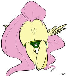 2014 anus ass cutie_mark equine female fluttershy_(mlp) friendship_is_magic fur hair horse long_hair looking_at_viewer looking_back my_little_pony nude panties pegasus pink_hair plain_background pony presenting presenting_hindquarters pussy sex slypon solo straight_hair underwear wings yellow_fur