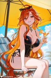 1girls adapted_costume bare_legs bare_shoulders beach_chair beach_umbrella black_one-piece_swimsuit blue_sky breasts casual_one-piece_swimsuit cleavage commentary cup day drinking_glass drinking_straw earrings eyewear_on_head feet_out_of_frame female fingernails food fruit genshin_impact helloimtea highres holding holding_cup jewelry juice large_breasts legs long_hair looking_at_viewer mavuika_(genshin_impact) nail_polish one-piece_swimsuit orange_(fruit) orange_eyes orange_hair orange_juice orange_nails orange_slice paid_reward_available parted_lips side-tie_one-piece_swimsuit sitting sky smile solo sun_earrings sunglasses swimsuit thighs twitter_username umbrella very_long_hair