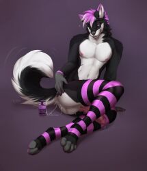 anthro ass balls black_body black_fur by_dream canid canine canis claws clothing fur genitals hi_res legwear looking_at_viewer lube_in_ass male mammal pawpads penis perineum pink_body pink_claws pink_eyes pink_fur pink_pawpads pink_penis solo thigh_highs white_body white_fur wolf