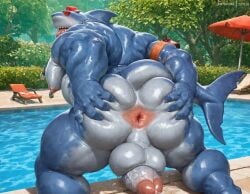 1boy ai_generated anthro anus ass ass_focus ass_grab balls bara big_balls big_pecs booster_rex erection fortnite from_behind furry furry_male grabbing_ass grabbing_own_ass large_pectorals male male_focus male_only muscular muscular_anthro muscular_male nipples nsfw nude nudity pecs pectorals penis pool precum presenting presenting_anus safety_first_steve_(fortnite) shark sharp_teeth solo spread_anus spread_ass teeth testicles thick_thighs thighs tongue tongue_out uncensored water wet