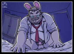 all_fours anthro balls beard bed bottomless chubby clothes crawling cum cum_drip dripping eyewear facial_hair father furry glasses lagomorph looking_at_viewer male male_only moustache necktie open_clothes open_shirt parent penis pov precum rabbit shirt solo wanikami