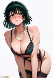 ai_generated bangs bare_shoulders black_hair black_thighhighs blush bra breasts cleavage closed_mouth collarbone female fubuki_(one-punch_man) garter_belt green_bra green_eyes green_hair green_panties high_resolution highres jewelry large_breasts leaning_forward lingerie looking_at_viewer necklace one-punch_man panties pearl_necklace pout short_hair simple_background solo stable_diffusion thighhighs thighs underwear underwear_only waifuscans418 white_background