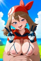 1boy ai_generated bandana bikini blue_eyes blue_sky brown_hair collarbone deep_skin female gloves grass head_tilt large_breasts looking_at_viewer may_(pokemon) may_(pokemon_rs) nipples_visible_through_clothing outdoors paizuri paizuri_on_lap peace_sign penis pokemon pov red_shirt skindentation smile stable_diffusion tit_job translucent_clothing uneven_eyes upper_body