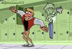 2boys accurate_art_style balls blonde_hair blush danny_fenton danny_phantom dash_baxter djunderground123 embarrassed_nude_male male on_model pantsed penis public_nudity underwear