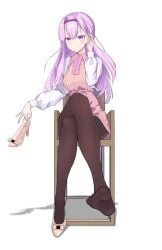 akino_sakura chair cosmos_(oresuki) dangling_legs feet female foot_fetish foot_focus footwear heels ore_wo_suki_nano_wa_omae_dake_ka_yo outfit pantyhose purple_eyes purple_hair sitting sole_female soles soles_of_feet_in_socks thighhighs thighs white_background