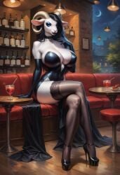 ai_generated anthro black_dress black_hair cleavage cocktail_dress crossed_legs dress elbow_gloves furry goat goat_girl goat_horns high_heels huge_breasts thighhighs werewolfmortisad294