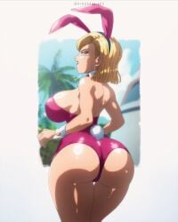 1girls alternate_version_available android_18 ass blonde_female blue_eyes breasts bunny_ears bunnysuit color dindakai dragon_ball dragon_ball_z edit female female_only large_breasts looking_at_viewer short_hair solo thick_thighs wide_hips