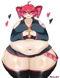 ahoge bbw belly belly_button bread chubby fat headphones heart kasane_teto lumi_xiii pink_hair red_hair smile tattoo tight_clothing twin_drills twintails utau weight_gain