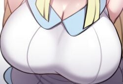 ai_generated alternate_breast_size blonde_hair breast_focus breasts close-up female large_breasts lillie_(pokemon) mullon novelai pokemon pokemon_(anime) pokemon_(game) pokemon_sm solo solo_focus top_heavy