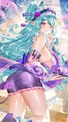 1girls back_view big_ass big_breasts blue_hair flower genshin_impact green_hair huge_breasts huge_thighs kimono long_hair purple_eyes ribbon smile thighs yumemizuki_mizuki