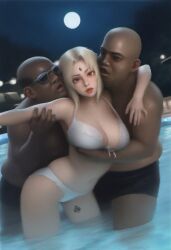 ai_generated big_breasts blonde_hair bra dark-skinned_male fat_man hugenipplesguy naruto naruto_(series) pool spade_tattoo tsunade