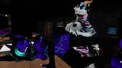 dyed_hair fishnets furry furry_ass furry_breasts furry_female furry_only futa_furry futa_on_female futanari green_eyes hyena lesbian_couple lesbian_sex purple_fur smirking_at_viewer smug smug_face smug_grin table table_sex vr vr_media vrchat vrchat_avatar vrchat_media vrchat_model yeen yuri