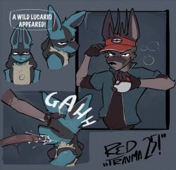 absurd_res ambiguous_gender anthro antlers blue_body blue_fur bodily_fluids closed_eyes clothing cum cum_in_mouth cum_inside cum_on_penis deer digital_media_(artwork) duo fingerless_gloves fur gasp generation_4_pokemon genital_fluids genitals gloves hand_on_head handwear hat headgear headwear hi_res holding_object horn jacket lucario male male/ambiguous mammal nintendo open_mouth oral penis pokeball pokemon pokemon_(species) pushing_away red_(redtrauma) redtrauma shirt tongue topwear