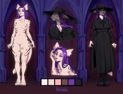 2024 alternative_fashion anthro black_clothing breasts clothed clothing digital_media_(artwork) felid feline female fluffy_ears fur goth hair half-closed_eyes hi_res iirych looking_at_viewer mammal markings model_sheet multiple_angles narrowed_eyes nude pale_fur purple_eyes purple_hair solo spots spotted_body spotted_fur striped_body striped_fur stripes veil veil_nobledrop_(geowasx) victorian_dress