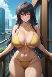 1girls ai_generated big_breasts bikini black_hair breasts female female_focus huge_breasts kotegawa_yui large_breasts long_hair navel smiling smiling_at_viewer thick_thighs thighs to_love-ru yellow_eyes