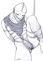 body_hair bondage chainmail clitoris cuntboy face_covered hairy intersex knight passive pussy restrained restrained_arms restrained_legs restraints solo solo_focus solo_male