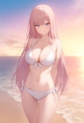 arms_behind_back backlighting bangs bare_shoulders beach bikini blue_eyes blush breasts cleavage closed_mouth collarbone cowboy_shot eyebrows_visible_through_hair female front-tie_bikini front-tie_top halterneck horizon large_breasts long_hair looking_at_viewer navel oc ocean outdoors pink_hair sand side-tie_bikini sidelocks smile solo standing stomach string_bikini sunset swimsuit thigh_gap very_long_hair water white_bikini