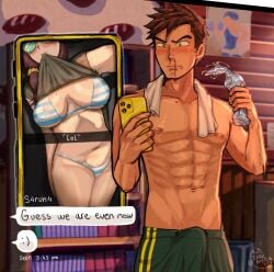 abs alex_mullner background bikini bleeding_nose blushed boner boner_in_pants boner_under_clothes brown_hair brunette_female brunette_hair brunette_male farmer_(stardew_valley) glasses glasses_on_face green_eyes male_nipples nipples_visible_through_bikini nipples_visible_through_bra nipples_visible_through_clothing nosebleed part_2 saruna sarunacuso sequence_(comic) sequential snapchat snapchat_sexting stardew_valley straight stripes surprised surprised_expression sweat sweatdrop sweating too_horny towel_around_neck training water_bottle working_out workout workout_clothes