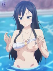 artstyle_imitation belly belly_button black_hair blue_eyes breast_peek breasts breasts concerned hands_up keihh ore_wo_suki_nano_wa_omae_dake_ka_yo pansy_(oresuki) sanshokuin_sumireko surprised surprised_expression swimming_pool swimsuit swimwear water white_swimsuit