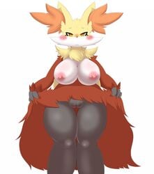 anthro big_breasts blush breasts canine clothed clothing delphox drooling female fennec fox fur grasp half-dressed high_resolution lift looking_at_viewer mahoxy nintendo orange_eyes plain_background pokemon presenting_pussy pussy saliva solo squint standing thick_thighs tongue tongue_out unknown_artist video_games white_background wide_hips