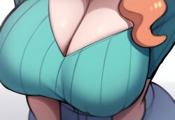 ai_generated alternate_breast_size breast_focus breasts cleavage close-up female large_breasts mullon novelai orange_hair pokemon pokemon_(anime) pokemon_(game) pokemon_ss solo solo_focus sonia_(pokemon) sweater top_heavy