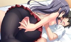 ass back bare_arms bare_back bare_shoulders bed bed_sheet black_hair blush breasts brother_and_sister cowgirl_position game_cg hand_on_penis hands_on_waist imouto_paradise! incest indoors itou_life long_hair lying medium_breasts nanase_michika nipples no_penetration official_art pantyhose parted_lips penis_between_thighs red_eyes shoulder_blades skirt thighs topless