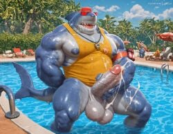 1boy abs ai_generated anthro balls bara big_balls big_pecs booster_rex cum cum_on_body day ejaculation erection feet_out_of_frame fortnite furry furry_male large_pectorals male male_focus male_only masturbation mature mature_anthro mature_male muscular muscular_anthro muscular_male nipples nsfw nudity outdoors pecs pectorals penis pool safety_first_steve_(fortnite) shark sharp_teeth solo tail teeth testicles thick_thighs thighs uncensored veins water wet whistle_around_neck