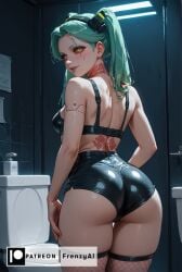 ai_generated artificial_eye ass back bare_shoulders bathroom big_ass black_bra black_shorts bra breasts colored_sclera cowboy_shot cyberpunk:_edgerunners cyborg female fishnet_thighhighs fishnets frenzyai from_behind green_eyes green_hair hairband indoors leg_tattoo long_hair looking_at_viewer looking_back mechanical_eye neck_tattoo parted_lips patreon patreon_username rebecca_(edgerunners) red_sclera short_shorts shorts skindentation small_breasts smile solo standing tattoo thighhighs thighs twintails underbutt underwear yellow_eyes