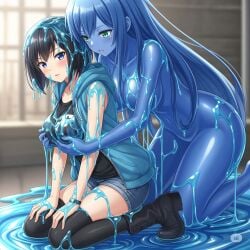 2girls ai_generated black_boots black_hair black_legwear black_shirt blue_eyes blue_hair blue_hoodie breasts cleavage female grabbing_breasts green_eyes hair human_female large_breasts long medium_breasts nude ponytail short_hair sleeveless_shirt slime slime_girl