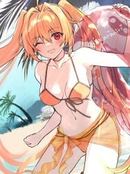 trails_in_the_sky 1girl ahoge bare_shoulders beach bikini breasts eiyuu_densetsu estelle_bright highres holding holding_swim_ring innertube long_hair looking_at_viewer navel orange_bikini orange_hair orange_sarong red_eyes sagara_riri sarong see-through_clothes see-through_sarong smile solo sora_no_kiseki stomach swim_ring swimsuit twintails twitter_username