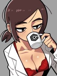 1girls black_eyes bra breasts brown_hair cleavage coat coffee_mug drink drinking female female_only hair half-closed_eyes holding_drink inside_job lab_coat labcoat medium_breasts n___k___m reagan_ridley red_bra solo solo_female upper_body white_coat