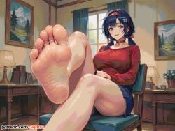 ai_generated barefoot feet foot_fetish foot_focus gigatsu looking_at_viewer miside mita_(miside) one_leg_up seductive seductive_pose sitting sole_female soles toes