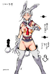 anal animal_ears bell blush breasts bunny_ears buttplug buttplug_tail censored clitoris clitoris_ribbon closed_eyes female gloves large_buttplug nipple_bells nipple_piercing nipples nyuu_(manekin-eko) object_piercing original piercing pussy serafuku sketch smile solo standing tail thighhighs white_hair