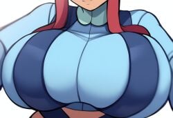 ai_generated alternate_breast_size breast_focus breasts close-up dark-skinned_female dark_skin female large_breasts mullon novelai pokemon pokemon_(anime) pokemon_(game) pokemon_bw skyla_(pokemon) solo solo_focus top_heavy