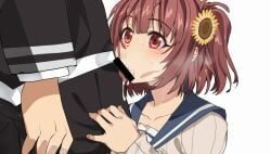 1boy 1girls aoi_hinata_(oresuki) blowjob brown_eyes brown_hair cardigan clothed cum cum_in_mouth fellatio fellatio_gesture flower flower_in_hair himawari_(oresuki) joro_(oresuki) kisaragi_amatsuyu ore_wo_suki_nano_wa_omae_dake_ka_yo school_uniform seifuku sunflower sunflower_hair_ornament vacuum_blowjob vacuum_fellatio variant variant_set