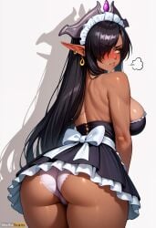 :t ai_generated artist_name ass bare_shoulders black_dress black_hair blush breasts cowboy_shot dark-skinned_female dark_elf dark_skin dress earrings elf female frills from_behind hair_over_one_eye high_resolution highres jewelry kuroinu_~kedakaki_seijo_wa_hakudaku_ni_somaru~ large_breasts long_hair looking_back maid maid_headdress olga_discordia panties pointy_ears pout shiny shiny_skin simple_background solo stable_diffusion thighs underwear waifuscans418 white_background white_panties yellow_eyes