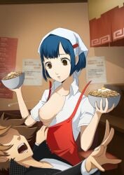 1boy 1girl aika_nakamura apron assisted_exposure atlus beef_bowl black_bra blue_hair bowl bra breast_slip breasts brown_eyes brown_hair buttons buttons_popping cleavage clothing commission commissioner_upload concerned egg faceless_male falling female food hanamura_yousuke head_scarf headwear holding male medium_breasts megami_tensei nipples no_bra open_clothes open_mouth open_shirt persona persona_4 persona_4_the_animation ryusentzumi school_uniform shirt short_hair underwear uniform waitress