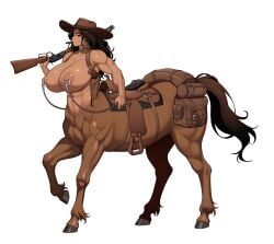 1girls breasts brown_eyes brown_hair centaur centauress cowboy_hat cowboy_hat_only dark-skinned_female dark_skin female holster horse_tack huge_breasts large_breasts mk001black muscle muscular muscular_female nipple_piercing nipple_rings nipples no_humans nude oc original_character saddle saddle_bag shoulder_holster solo tack