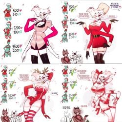 alastor_(hazbin_hotel) angel_dust_(hazbin_hotel) antlers breasts bulge bulge_through_clothing christmas christmas_outfit comic comic_page femboy fluffy fluffy_body fluffy_breasts fluffy_fur flushed flustered flustered_male hazbin_hotel husk_(hazbin_hotel) male male_breasts ncat08 ribbon ribbon_bondage spider spider_humanoid strip_game tied_up twink wink winking_at_viewer