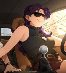 car car_interior car_sex implied_handjob implied_sex khyleri misato_katsuragi neon_genesis_evangelion shinji_ikari smug smug_expression smug_face smug_grin smug_smile