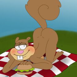 1girls anthro ass_up blanket blue_sky blush brown_fur bubble_butt burger female female_only furry furry_female furry_only grass hand_on_cheek holding_food krabby_patty looking_to_the_side mammal nickelodeon nude nude_anthro nude_female outdoors parody retro rodent sandy_cheeks sciurid smiling solo solo_female spanky15 spongebob_squarepants squirrel tail tree_squirrel