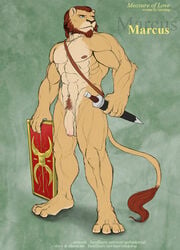 abs anthro balls beard biceps big_penis blue_eyes facial_hair feline furry hair lion male male_only muscles pecs penis pose red_hair roman_empire scabbard shield solo spelunker_sal sword text uncut weapon