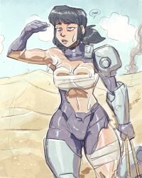 1girls 2026 2d armpit bag bandage bandaged_arm bandaged_breasts bandaged_leg broken_armor curvaceous curvy curvy_female curvy_figure desert donut_doodles female female_only hourglass_figure invincible invincible_(tv_series) movie_reference shoulder_pads smoke solo solo_focus sweat sweatdrop sweating tech_jacket tech_jacket_(zoe_thompson) text thick_ass thick_thighs thigh tight_clothing torn_clothes torn_clothing visible_areolae voluptuous voluptuous_female