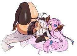 1girls asymmetrical_gloves asymmetrical_legwear black_gloves black_vest blue_eyes blush braid breasts busty cleavage coat crown_braid draph draph_race_(granblue_fantasy) dress eduedude elbow_gloves female fingerless_gloves gloves granblue_fantasy hair_ornament hair_over_one_eye high_heel_boots high_heels horns huge_breasts light-skinned_female light_skin looking_at_viewer lying_down lying_on_back narmaya_(granblue_fantasy) open_coat parted_lips pointy_ears purple_hair shiny_skin smile thick_thighs thigh_boots thigh_strap thighs white_background white_coat