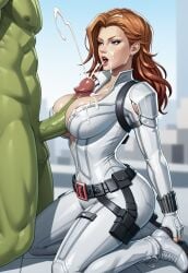 ai_generated big_ass big_breasts big_penis black_widow_(marvel) civitai cum cumshot green_penis green_skin huge_cock hulk kneeling large_ass marvel marvel_rivals muscular muscular_male orange_hair paizuri titjob white_bodysuit