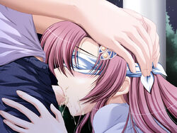 ayane_(shimai_don) blindfold blush breasts cum cum_in_mouth fellatio female game_cg hair katsura_tomoe large_breasts long_hair oral penis pink_hair shimai_don~shirudaku_de~ uncensored