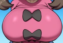 ai_generated alternate_breast_size breast_focus breasts close-up dark-skinned_female dark_skin female large_breasts mullon novelai pokemon pokemon_(anime) pokemon_(game) pokemon_xy shauna_(pokemon) solo solo_focus top_heavy